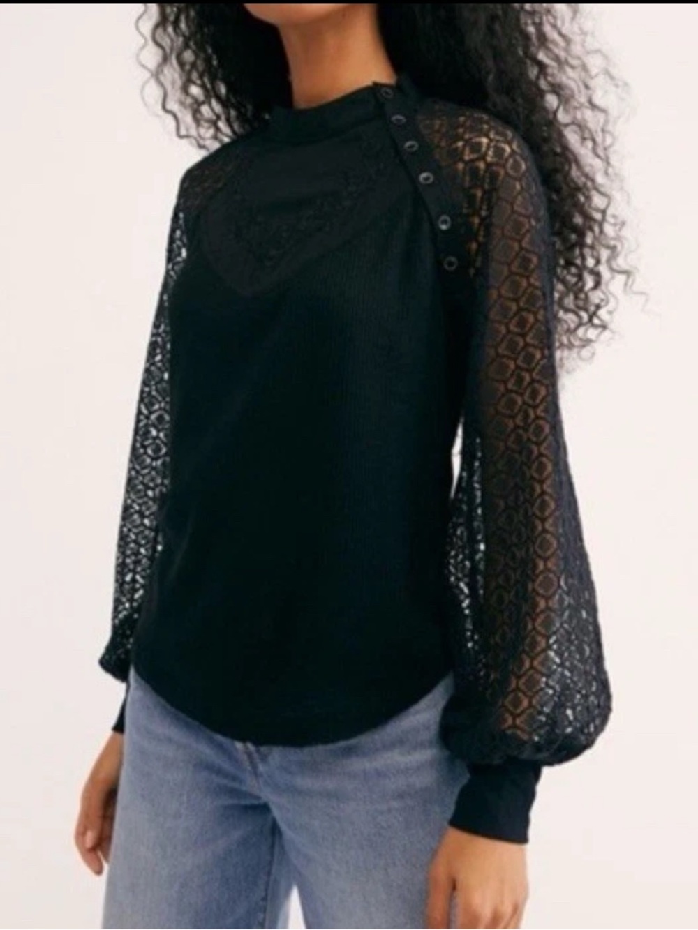 Free People Black Knit Top with Lace Sleeves Size M